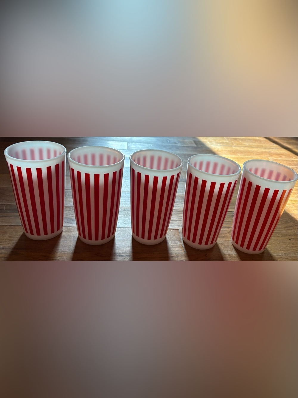 Hazel Atlas Platonite Red Candy Stripe Milk Glass Tumblers, 1950s, Vintage